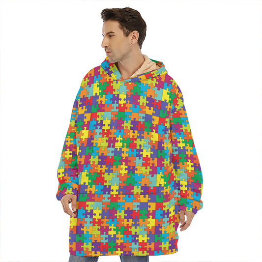 Colorful Autism Awareness Puzzle Print Hoodie Blanket