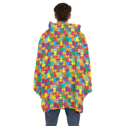 Colorful Autism Awareness Puzzle Print Hoodie Blanket