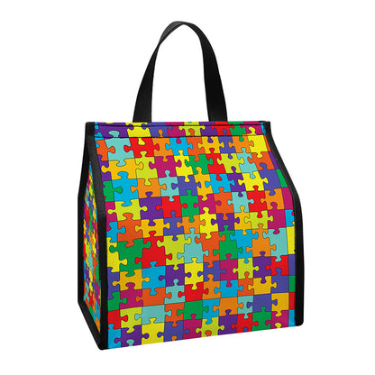 Colorful Autism Awareness Puzzle Print Insulated Lunch Tote