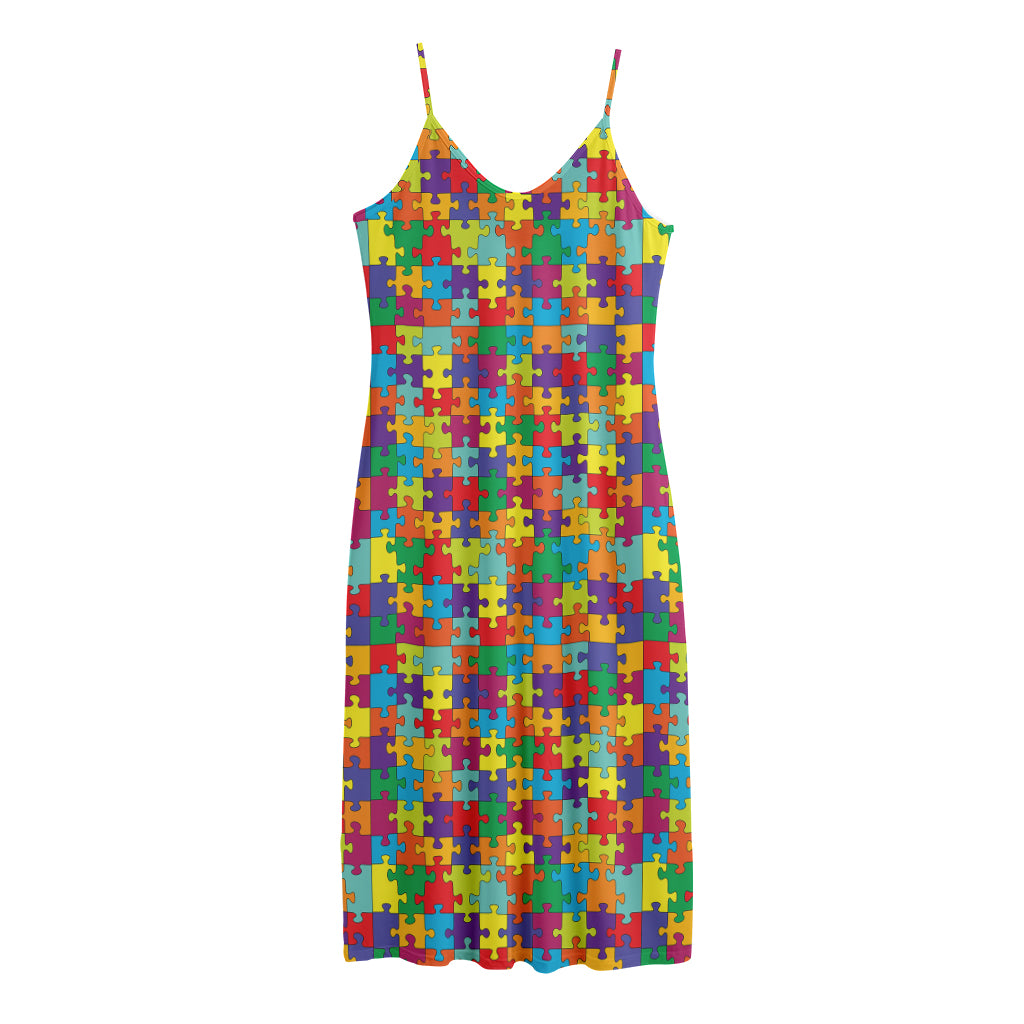 Colorful Autism Awareness Puzzle Print Jersey Midi Cami Dress