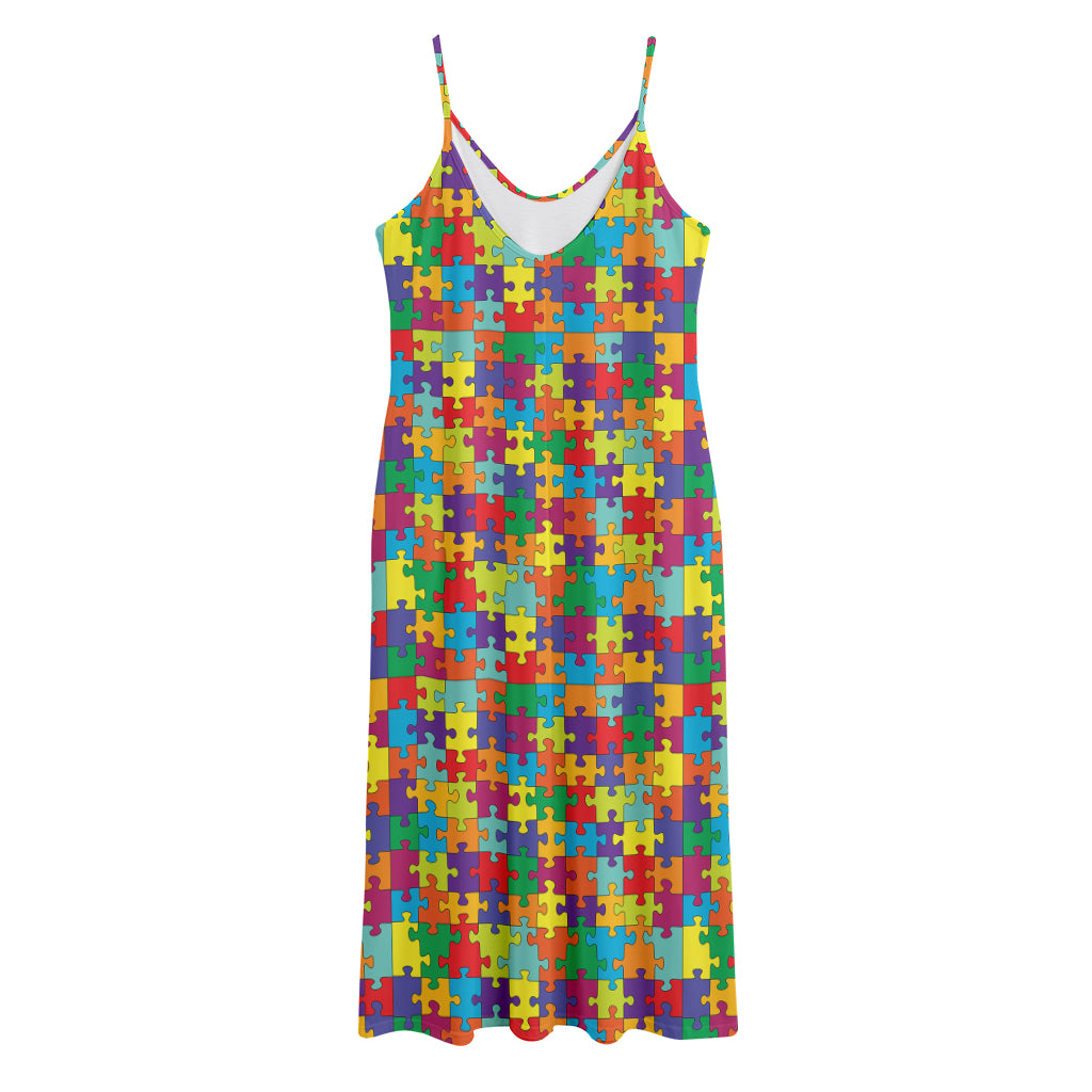 Colorful Autism Awareness Puzzle Print Jersey Midi Cami Dress