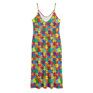 Colorful Autism Awareness Puzzle Print Jersey Midi Cami Dress