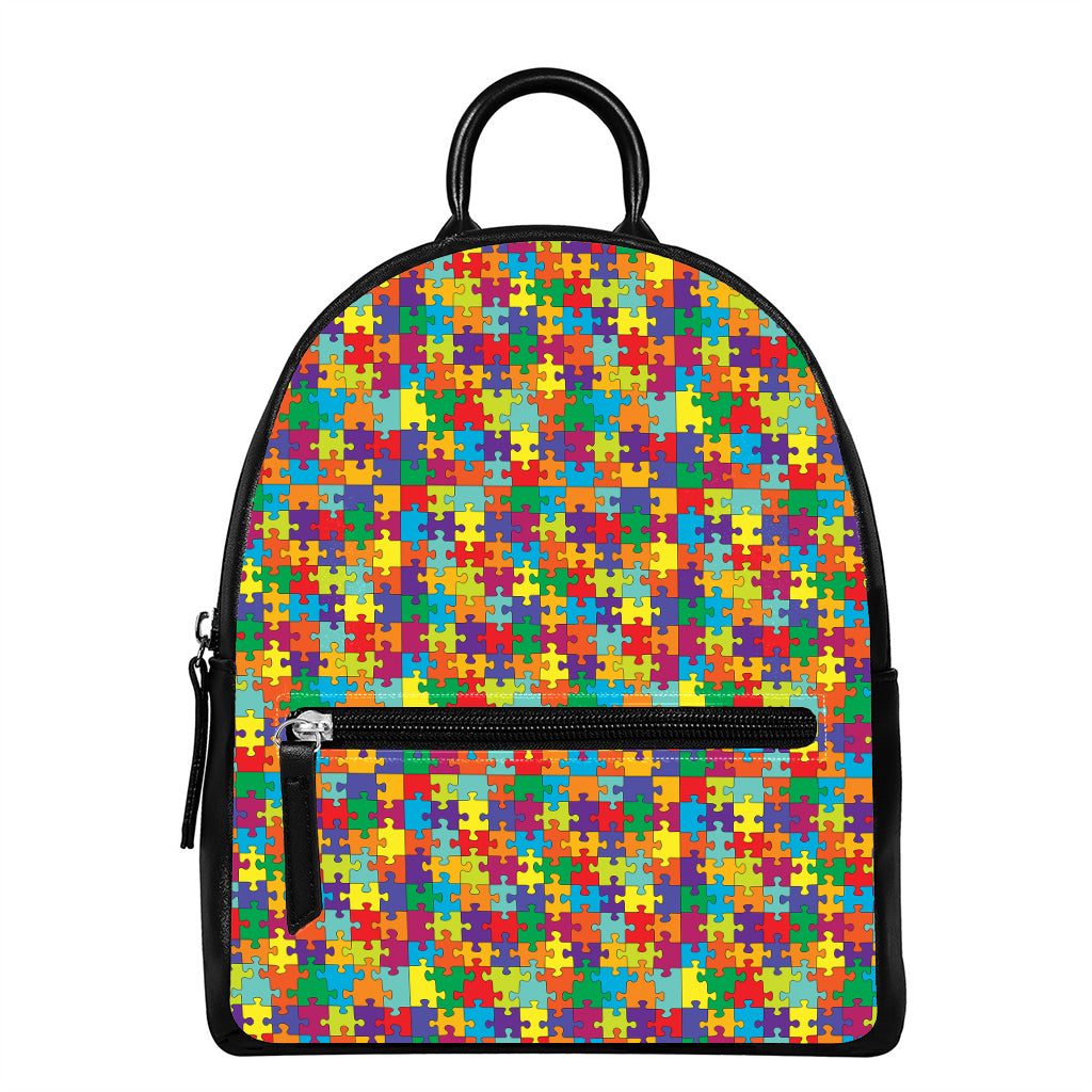 Colorful Autism Awareness Puzzle Print Leather Backpack