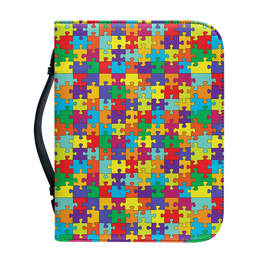 Colorful Autism Awareness Puzzle Print Leather Bible Cover
