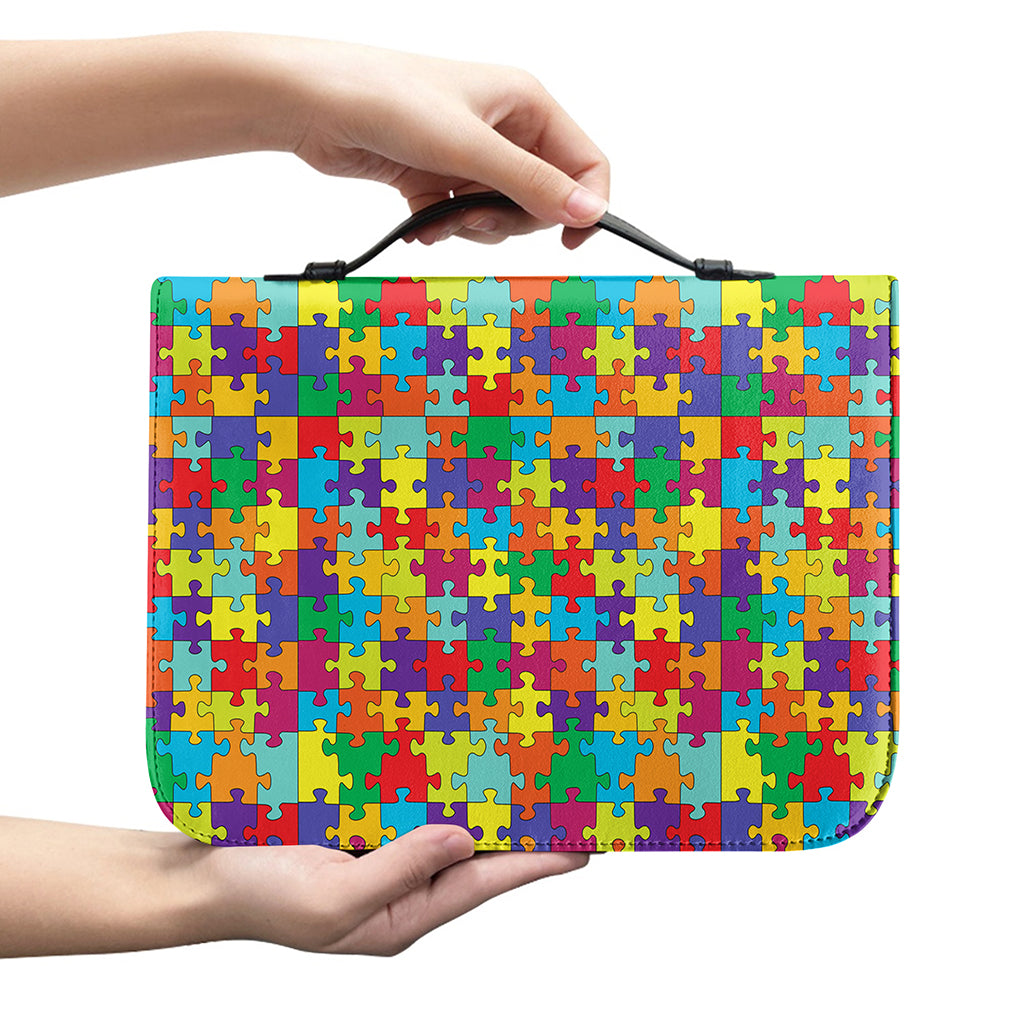 Colorful Autism Awareness Puzzle Print Leather Bible Cover