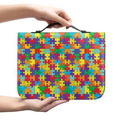 Colorful Autism Awareness Puzzle Print Leather Bible Cover
