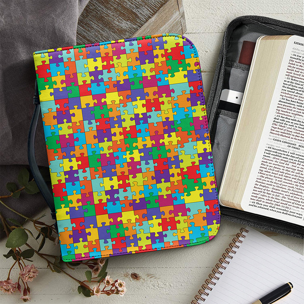 Colorful Autism Awareness Puzzle Print Leather Bible Cover