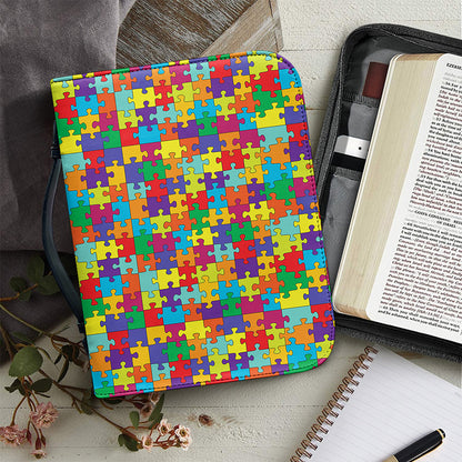Colorful Autism Awareness Puzzle Print Leather Bible Cover
