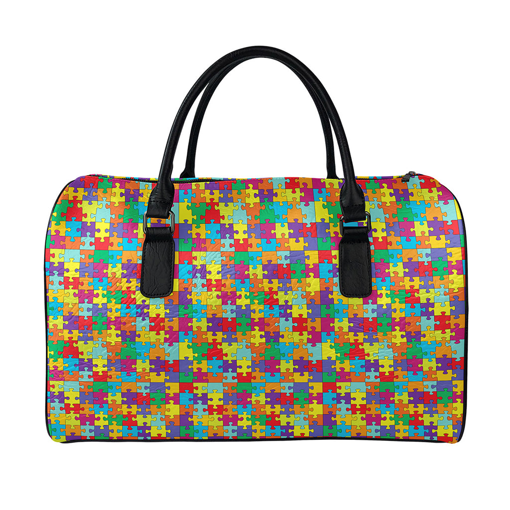 Colorful Autism Awareness Puzzle Print Leather Duffle Bag