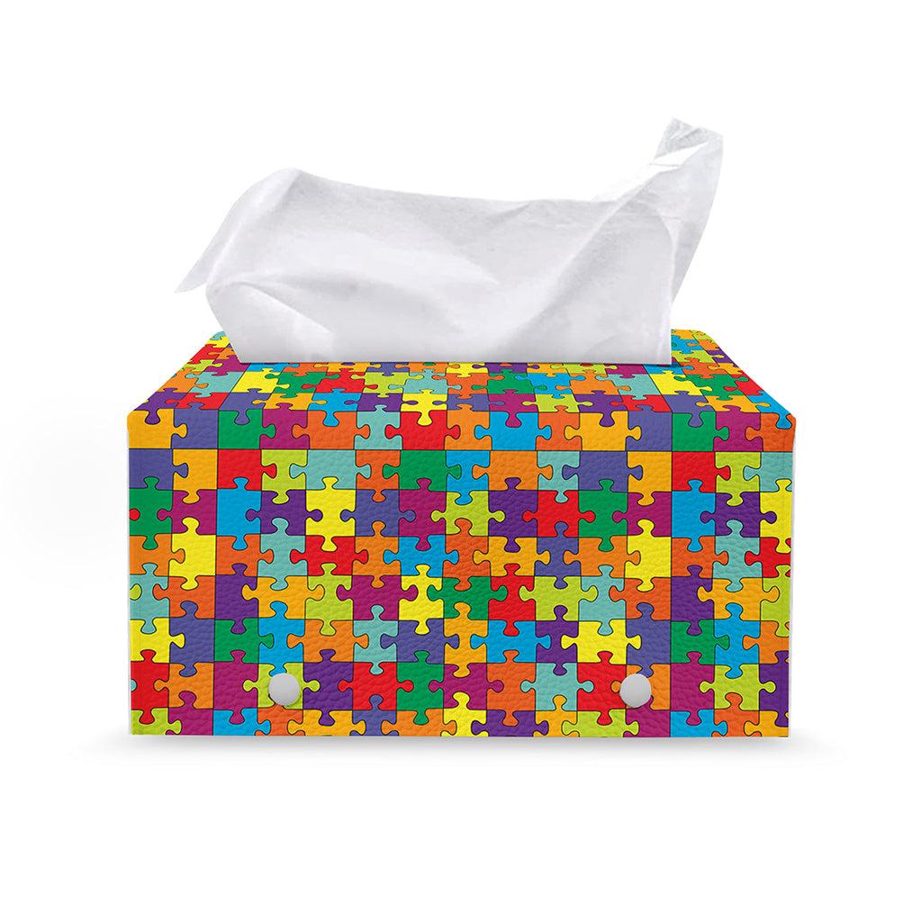 Colorful Autism Awareness Puzzle Print Leather Tissue Box Cover