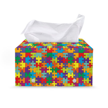 Colorful Autism Awareness Puzzle Print Leather Tissue Box Cover