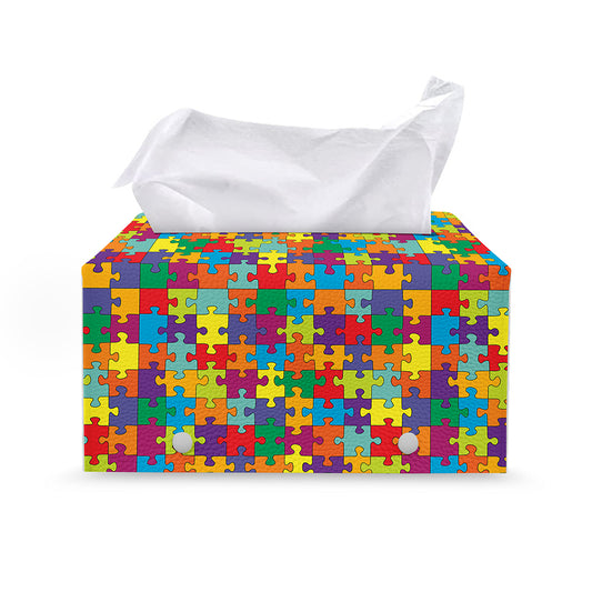 Colorful Autism Awareness Puzzle Print Leather Tissue Box Cover
