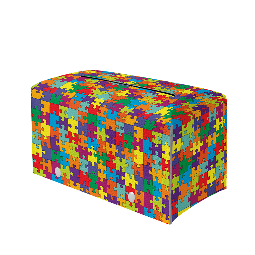 Colorful Autism Awareness Puzzle Print Leather Tissue Box Cover