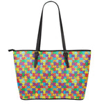 Colorful Autism Awareness Puzzle Print Leather Tote Bag