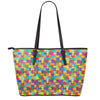 Colorful Autism Awareness Puzzle Print Leather Tote Bag