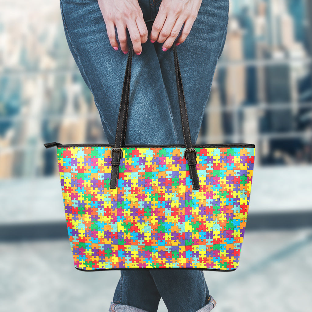 Colorful Autism Awareness Puzzle Print Leather Tote Bag