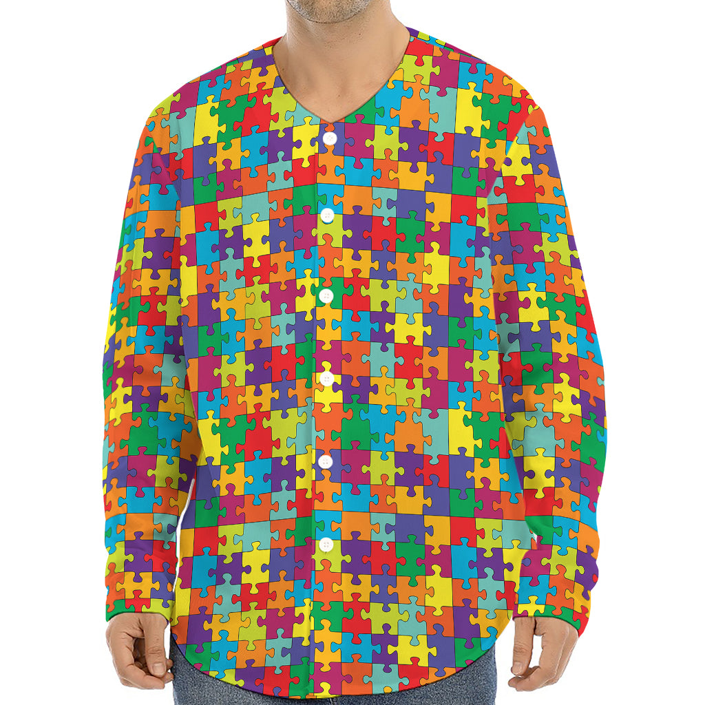 Colorful Autism Awareness Puzzle Print Long Sleeve Baseball Jersey