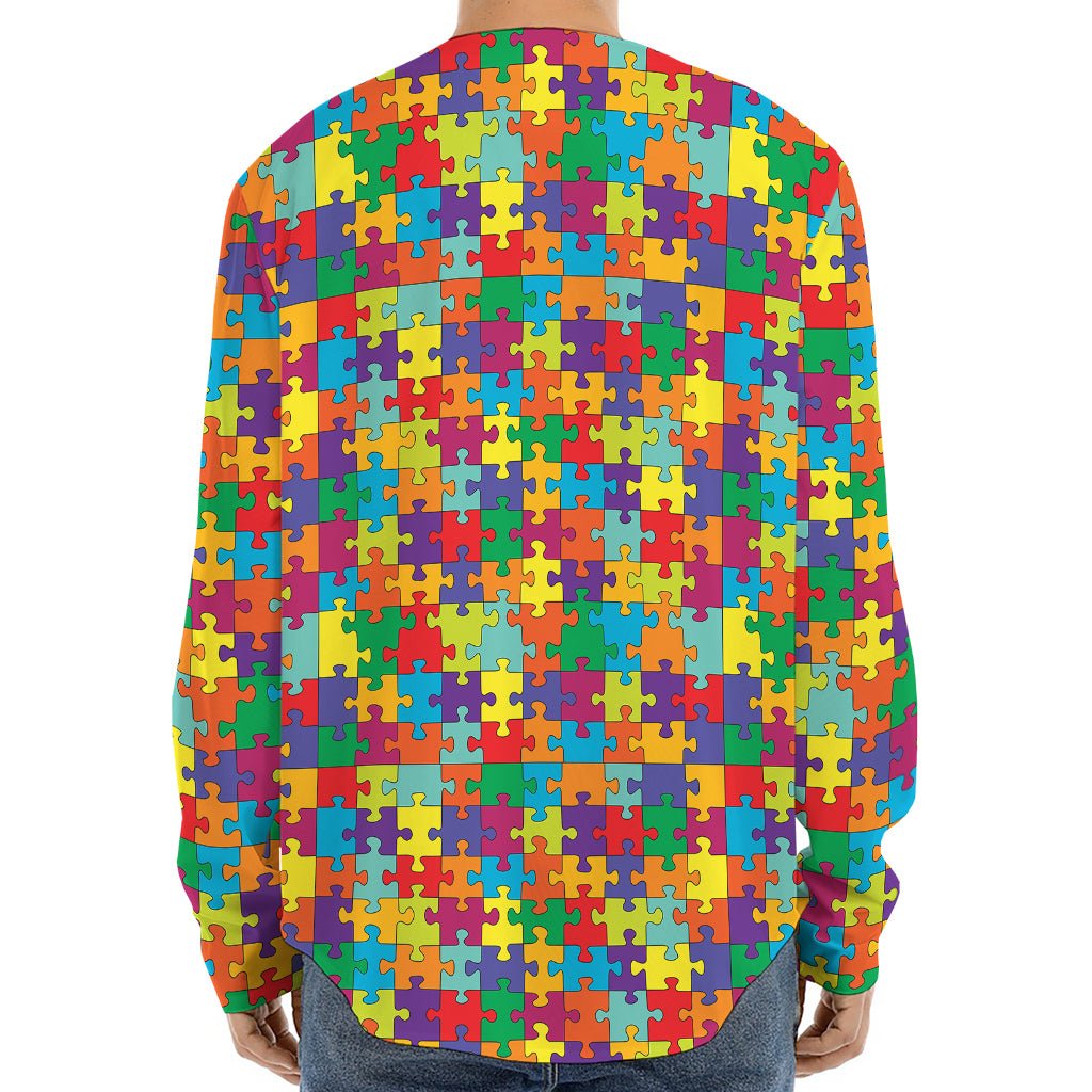 Colorful Autism Awareness Puzzle Print Long Sleeve Baseball Jersey