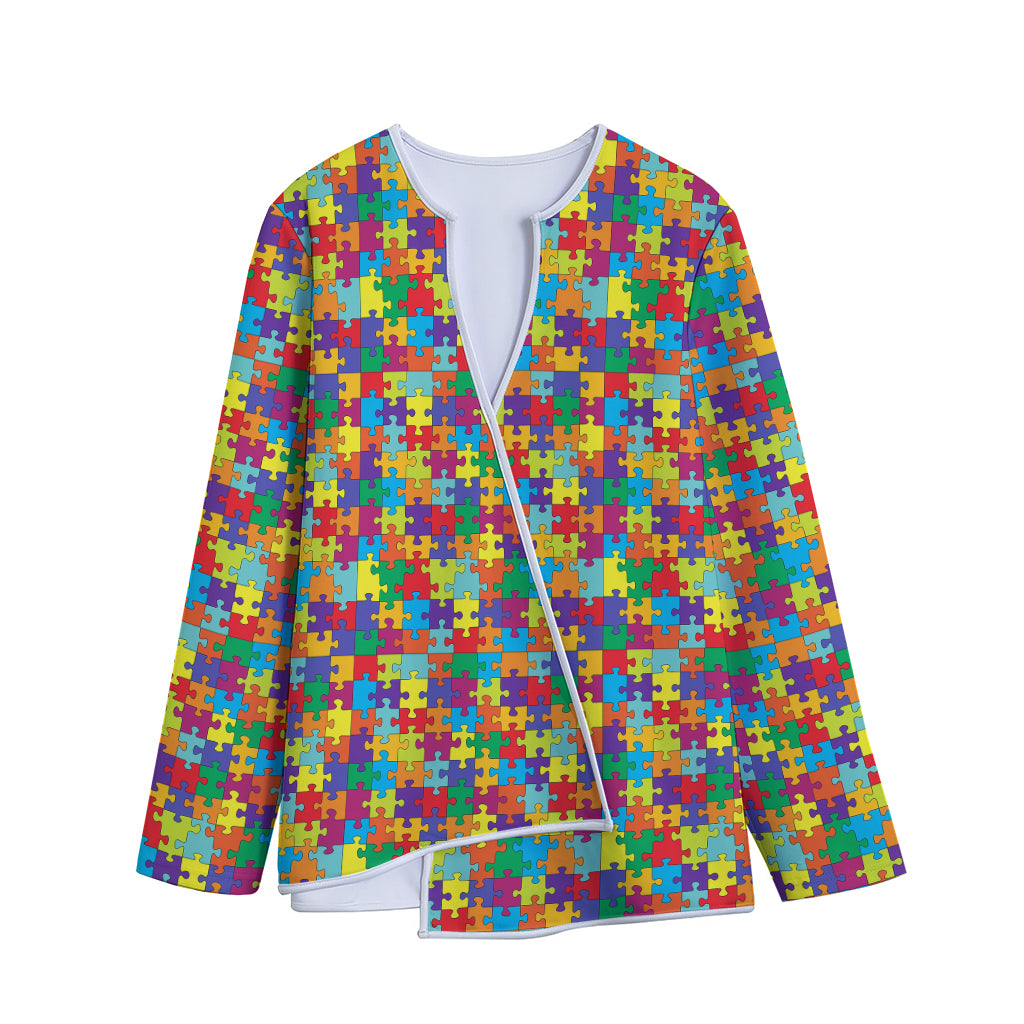 Colorful Autism Awareness Puzzle Print Long Sleeve Short Coat