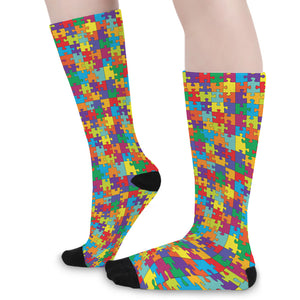 Colorful Autism Awareness Puzzle Print Long Socks