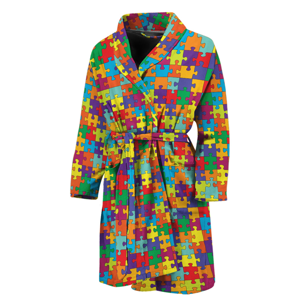 Colorful Autism Awareness Puzzle Print Men's Bathrobe