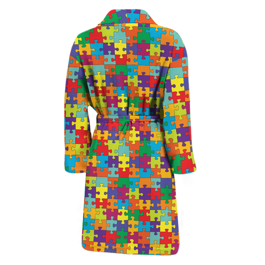 Colorful Autism Awareness Puzzle Print Men's Bathrobe