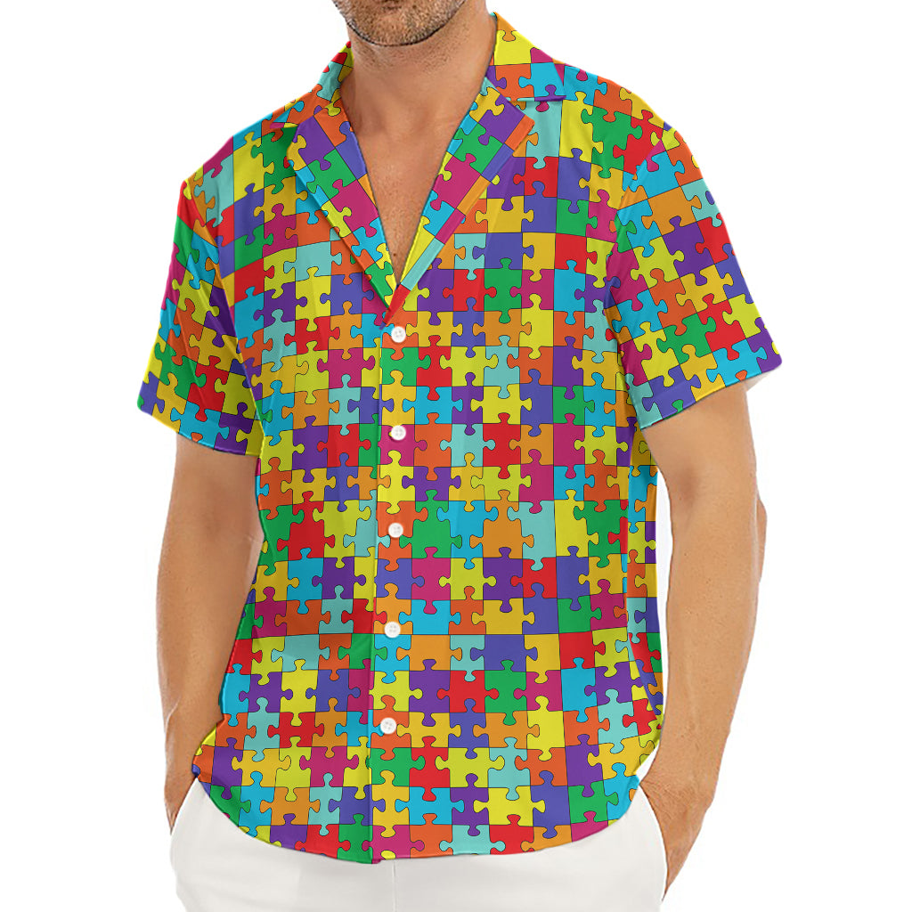 Colorful Autism Awareness Puzzle Print Men's Deep V-Neck Shirt