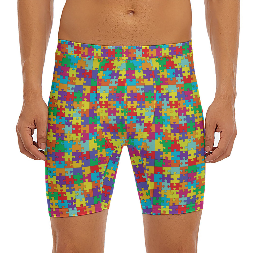 Colorful Autism Awareness Puzzle Print Men's Long Boxer Briefs