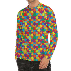 Colorful Autism Awareness Puzzle Print Men's Long Sleeve Rash Guard