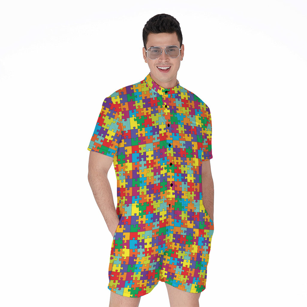 Colorful Autism Awareness Puzzle Print Men's Rompers
