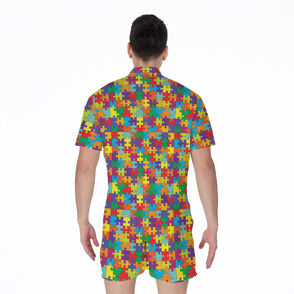 Colorful Autism Awareness Puzzle Print Men's Rompers
