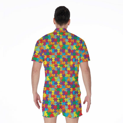 Colorful Autism Awareness Puzzle Print Men's Rompers