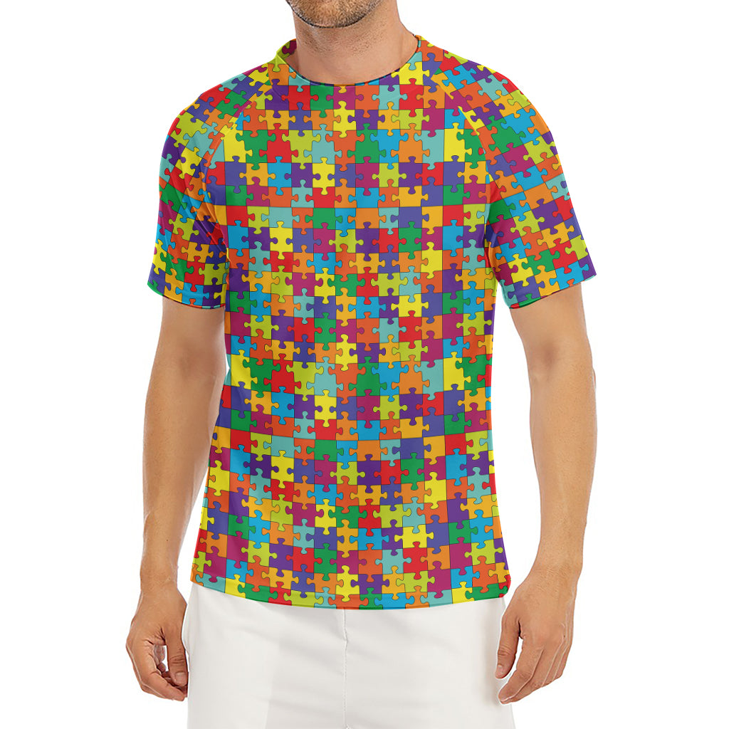 Colorful Autism Awareness Puzzle Print Men's Short Sleeve Rash Guard