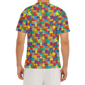 Colorful Autism Awareness Puzzle Print Men's Short Sleeve Rash Guard