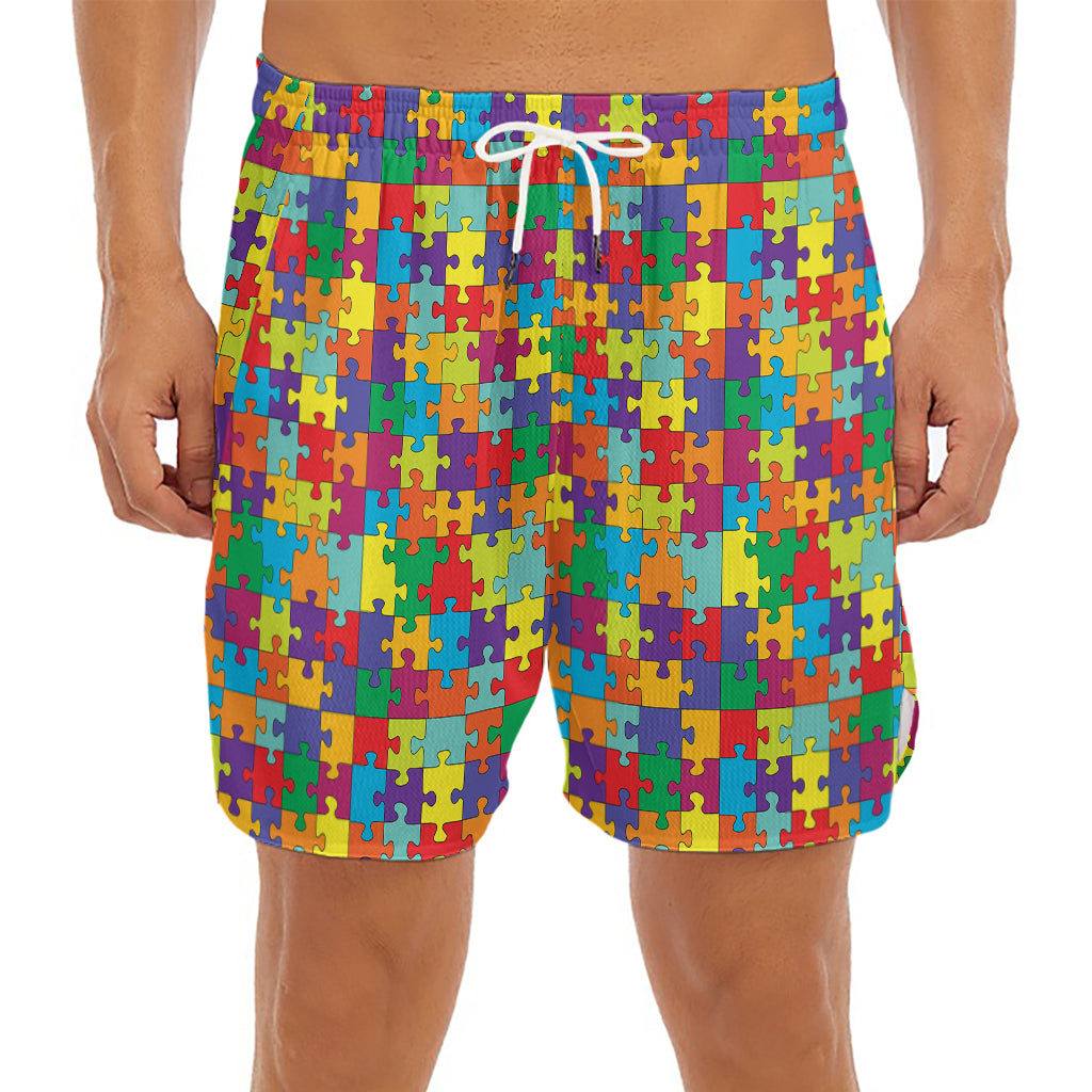 Colorful Autism Awareness Puzzle Print Men's Split Running Shorts