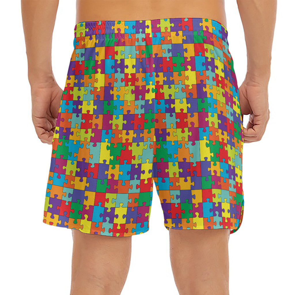 Colorful Autism Awareness Puzzle Print Men's Split Running Shorts