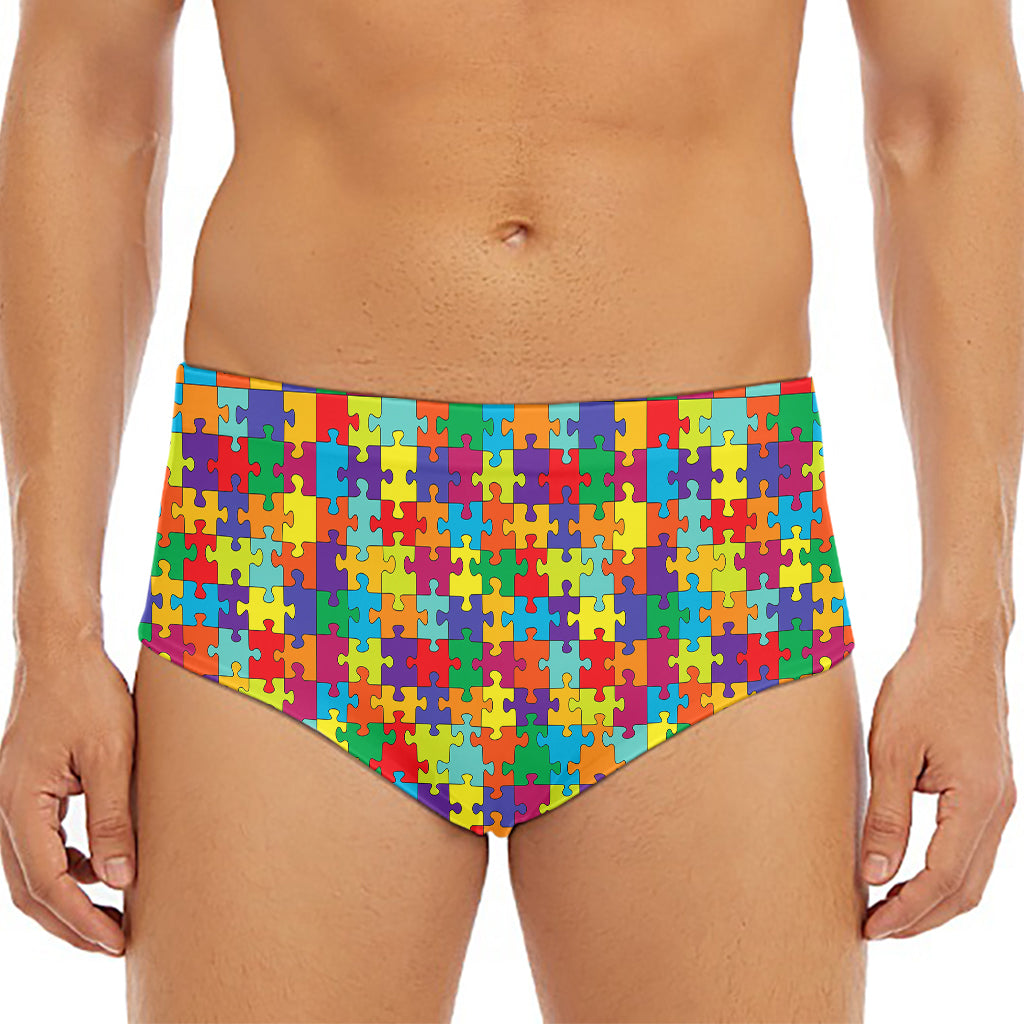 Colorful Autism Awareness Puzzle Print Men's Triangle Swim Briefs