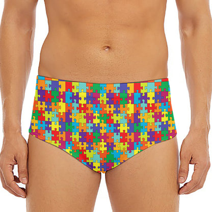 Colorful Autism Awareness Puzzle Print Men's Triangle Swim Briefs