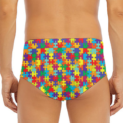 Colorful Autism Awareness Puzzle Print Men's Triangle Swim Briefs