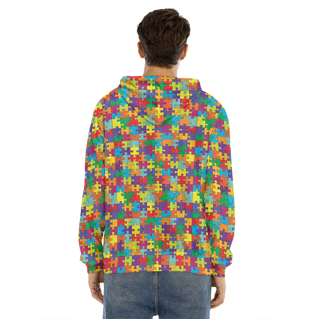 Colorful Autism Awareness Puzzle Print Men's Velvet Pullover Hoodie