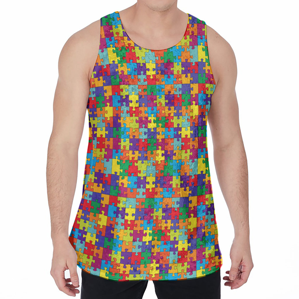 Colorful Autism Awareness Puzzle Print Men's Velvet Tank Top