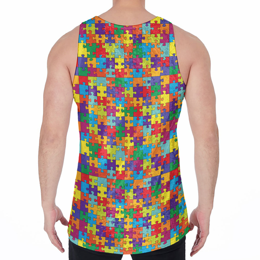 Colorful Autism Awareness Puzzle Print Men's Velvet Tank Top