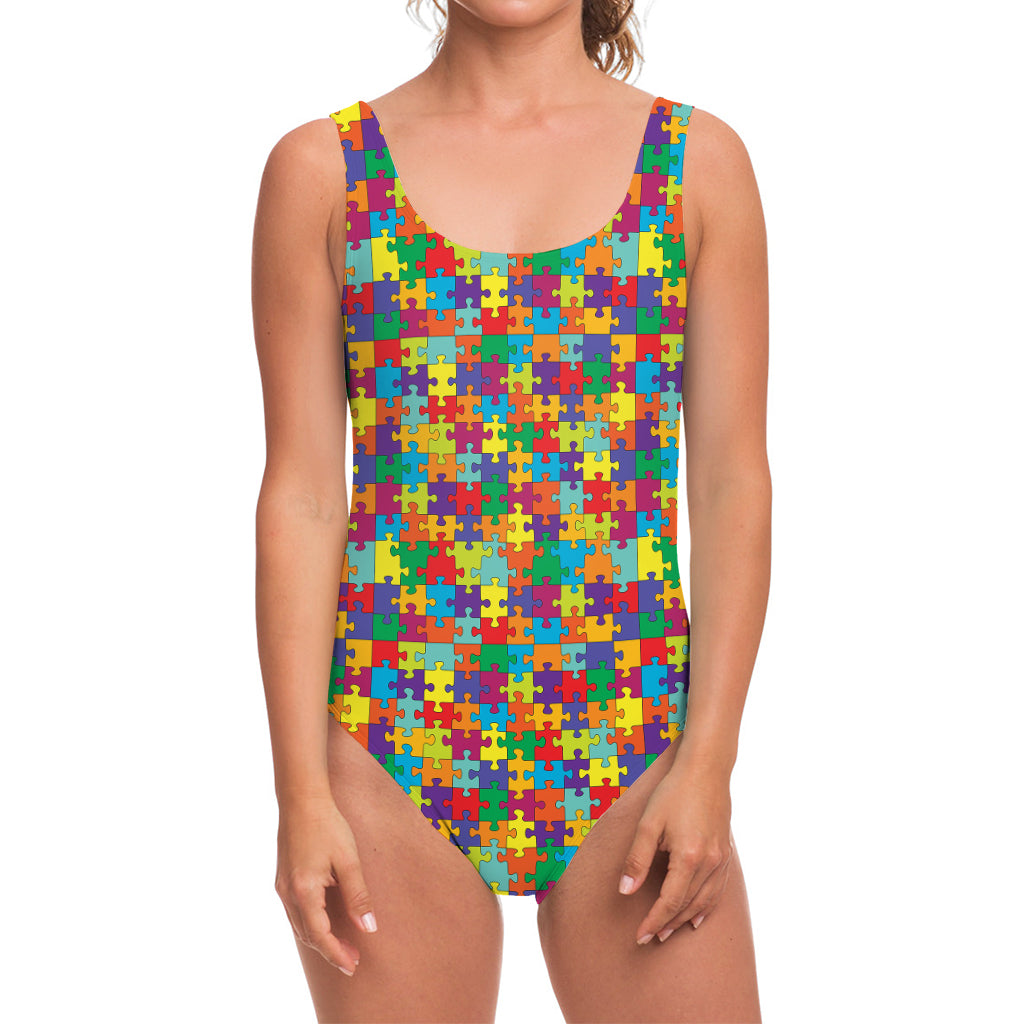 Colorful Autism Awareness Puzzle Print One Piece Swimsuit