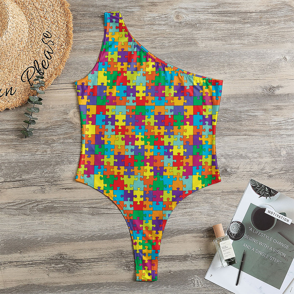 Colorful Autism Awareness Puzzle Print One Shoulder Bodysuit