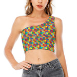 Colorful Autism Awareness Puzzle Print One Shoulder Crop Top