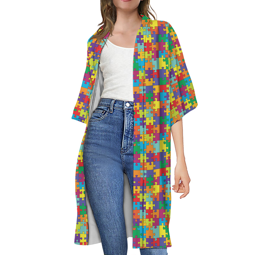 Colorful Autism Awareness Puzzle Print Open Front Beach Cover Up