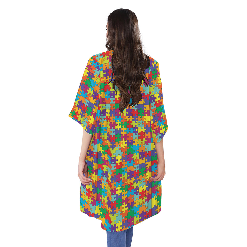 Colorful Autism Awareness Puzzle Print Open Front Beach Cover Up