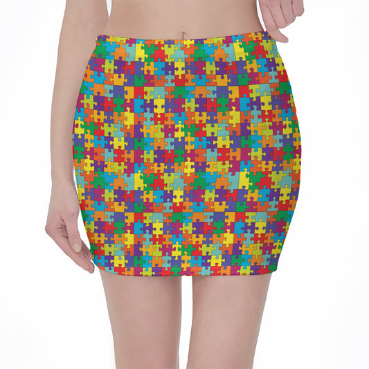 Colorful Autism Awareness Puzzle Print Pencil Mini Skirt