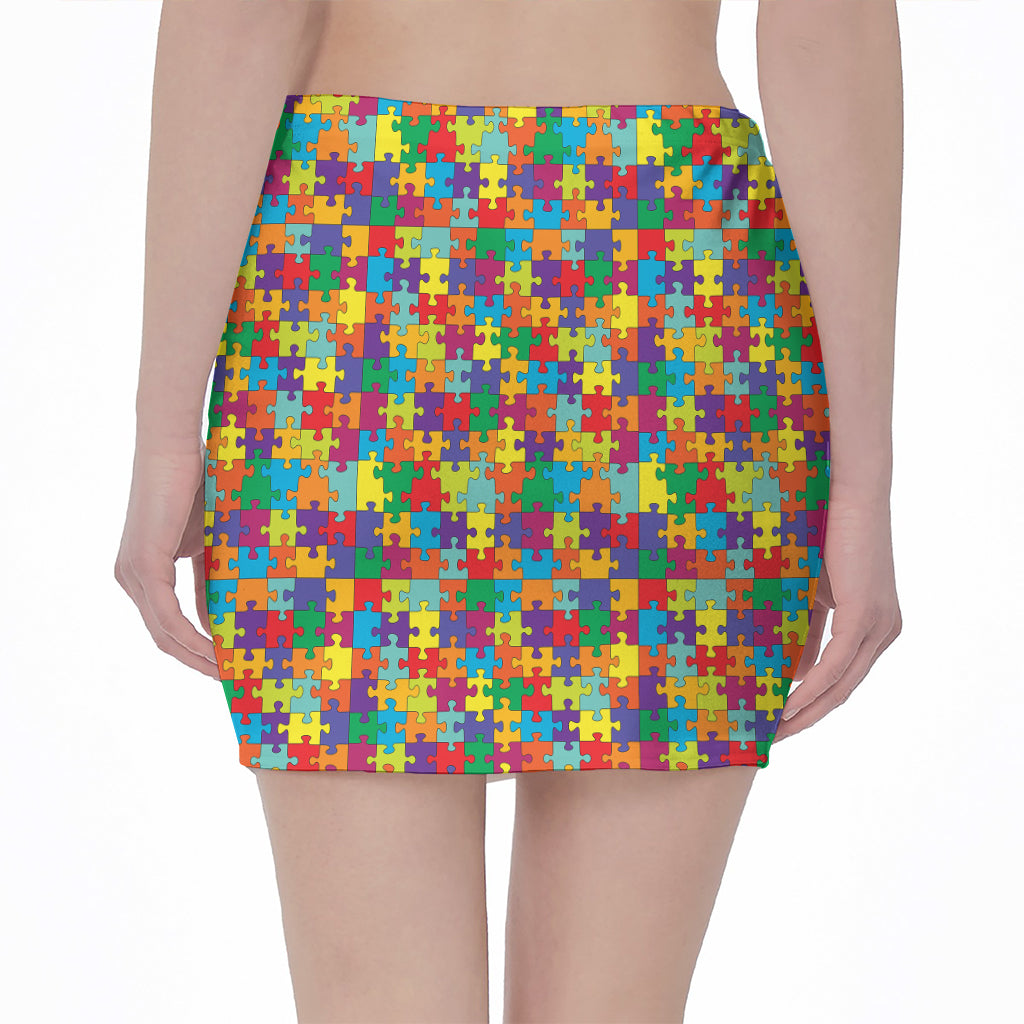 Colorful Autism Awareness Puzzle Print Pencil Mini Skirt
