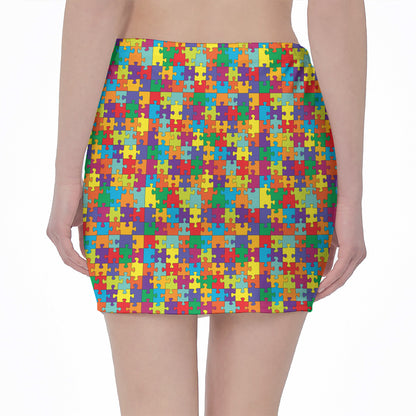 Colorful Autism Awareness Puzzle Print Pencil Mini Skirt